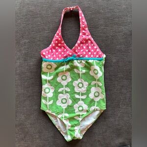 Mini Boden Pink Polka & Green Floral One-Piece halter Swimsuit 7-8